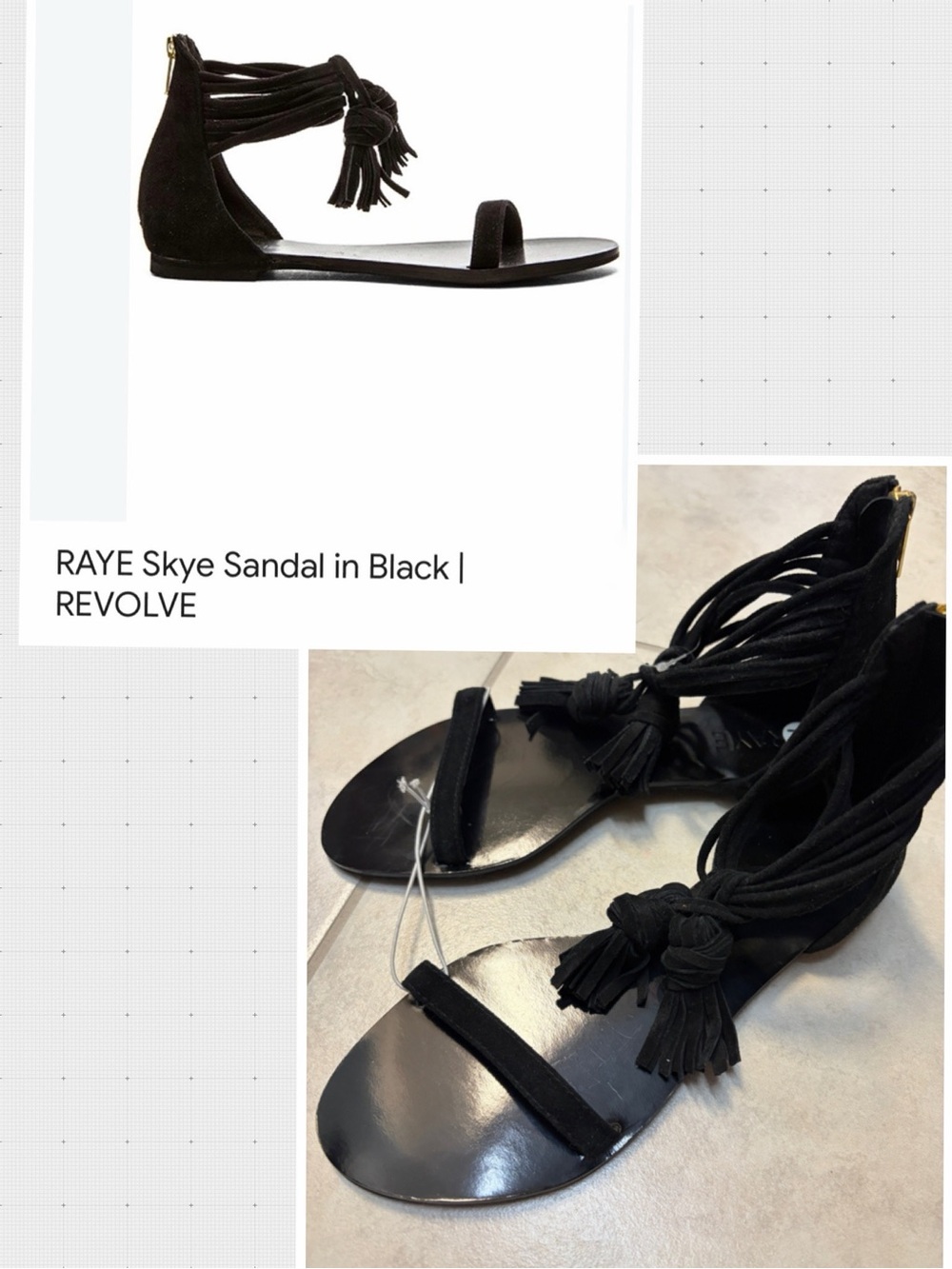 Revolve RAYE Black Suede Tassel Ankle-Tie Flat Sandals